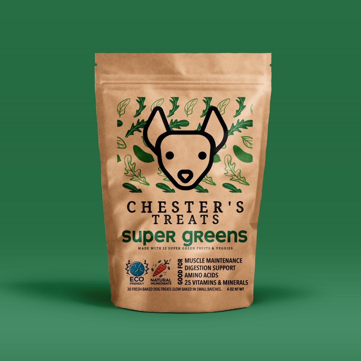 CHESTER'S SUPER GREENS DOG TREATS WITH 25 ESSENTIAL VITAMINS AND MINERALS